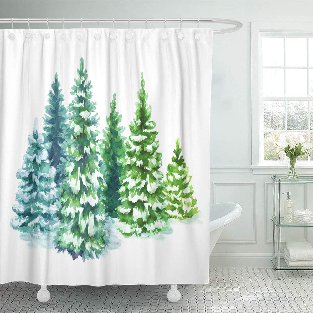 Merry Christmas Checkered Pine Trees Forest Waterproof Fabric Shower Curtain Set 