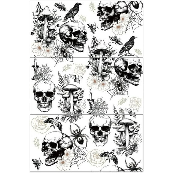 3pcs/Set Halloween Rub on Transfers for Furniture and Craft 12x6 inch Skull Spider Furniture Decals Transfer Stickers Flower Butterfly Rub on Decals for Wood Furniture Home Decor