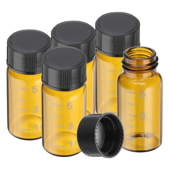 Uxcell Small Glass Sample Bottles with Lids, 5 pcs 5ml Amber Glass Vials with Black Screw Caps Mini Leak Proof Reagent Sealed Bottles with Scale for Solid Liquid Powder Storage