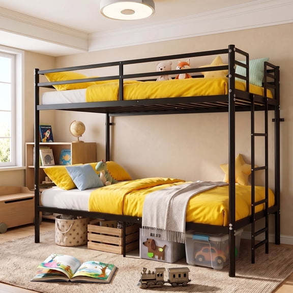 Kdymod Twin over Twin Metal Bunk Bed with Storage, Ladder & Safety Guardrail, Space-Saving Heavy Duty Bed Frame for Adults & Teens, No Box Spring Needed, Black