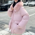 thumbnail image 3 of Hvyesh Winter Jackets for Women Faux Fur Trim Hood Puffer Jackets Warm Zipper Button Padded Coats Thermal Long Sleeve Baggy Coat with Pockets, 3 of 8