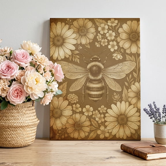 Retro Bee Canvas Wall Art for Living Room, Country Brown Honeycomb Daisy Floral Farmhouse Wall Decor Framed Artwork Pictures Ready to Hang for Bedroom Office Home Decor 16x20 Inch
