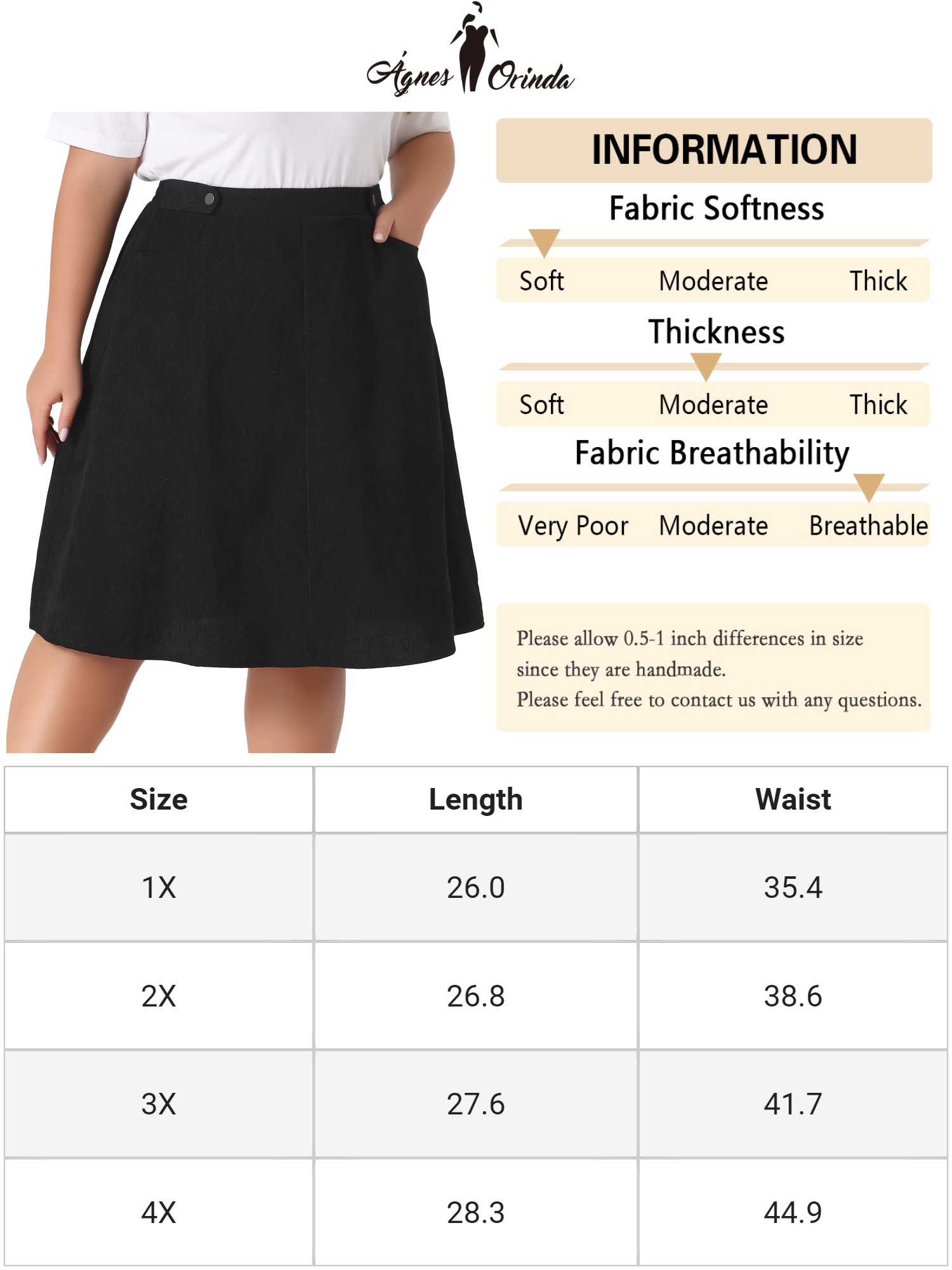 DARING DIVA Women's Plus Size Corduroy Elastic High A Line Midi Skirts 3X Black