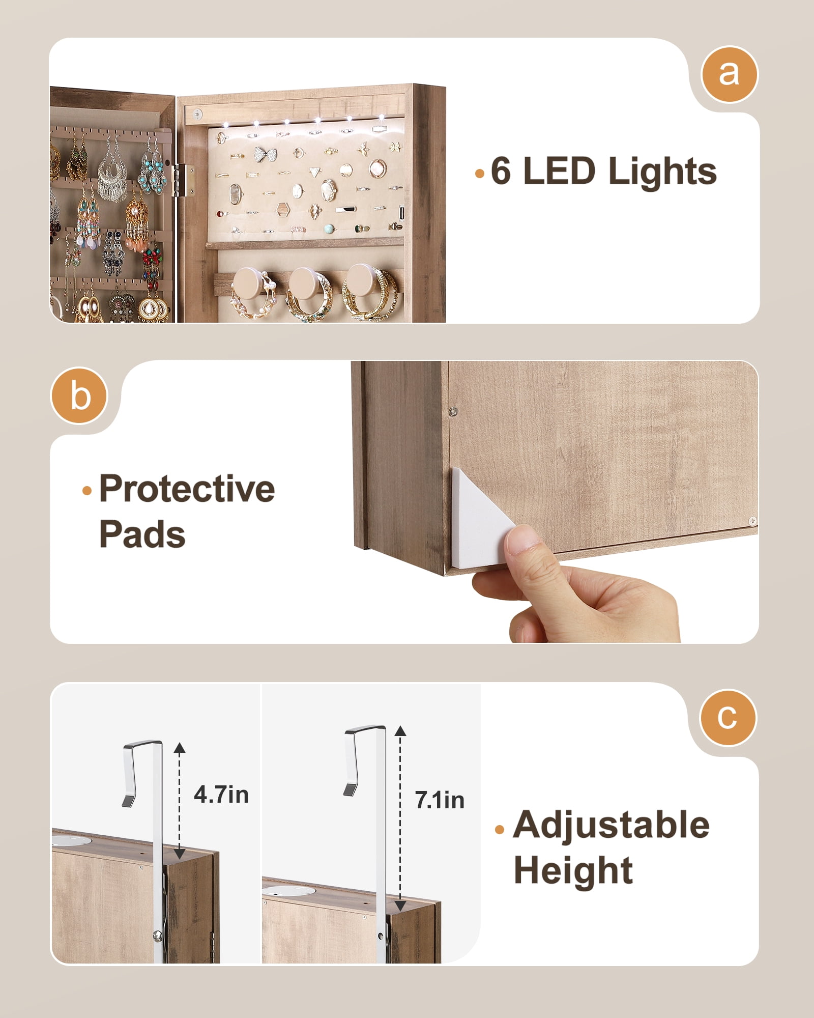 Skyhill Mirror Jewelry Cabinet,40in Jewelry Armoire Organizer,Door or Wall Mounted,6 LED Lights（Oak）