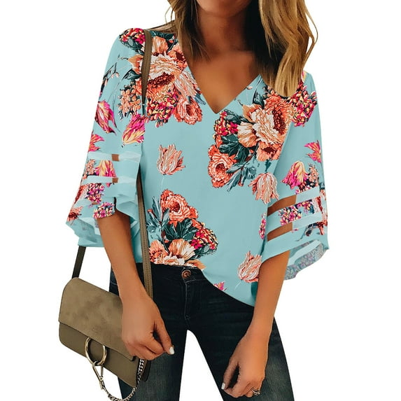 luvamia Women's Summer Floral Print V Neck Shirts Flowy Sleeve Blouse Casual Tops Size S