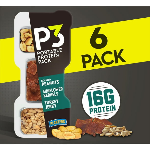 P3 Portable Protein Snack Pack with Roasted Peanuts, Sunflower Kernels & Turkey Jerky, 6 ct Box