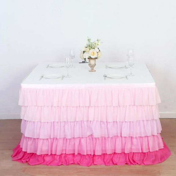 Efavormart 14ft Gradient Pink Chiffon Ruffled Tutu Table Skirt with Satin Backing, 5-Tier Ombre Table Skirting