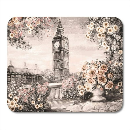 Flower Big Ben - SIDONKU Oil Painting Summer in London Gentle City Landscape Flower Rose and Leaf View From Above Balcony Big Ben Mousepad Mouse Pad Mouse Mat 9x10 inch
