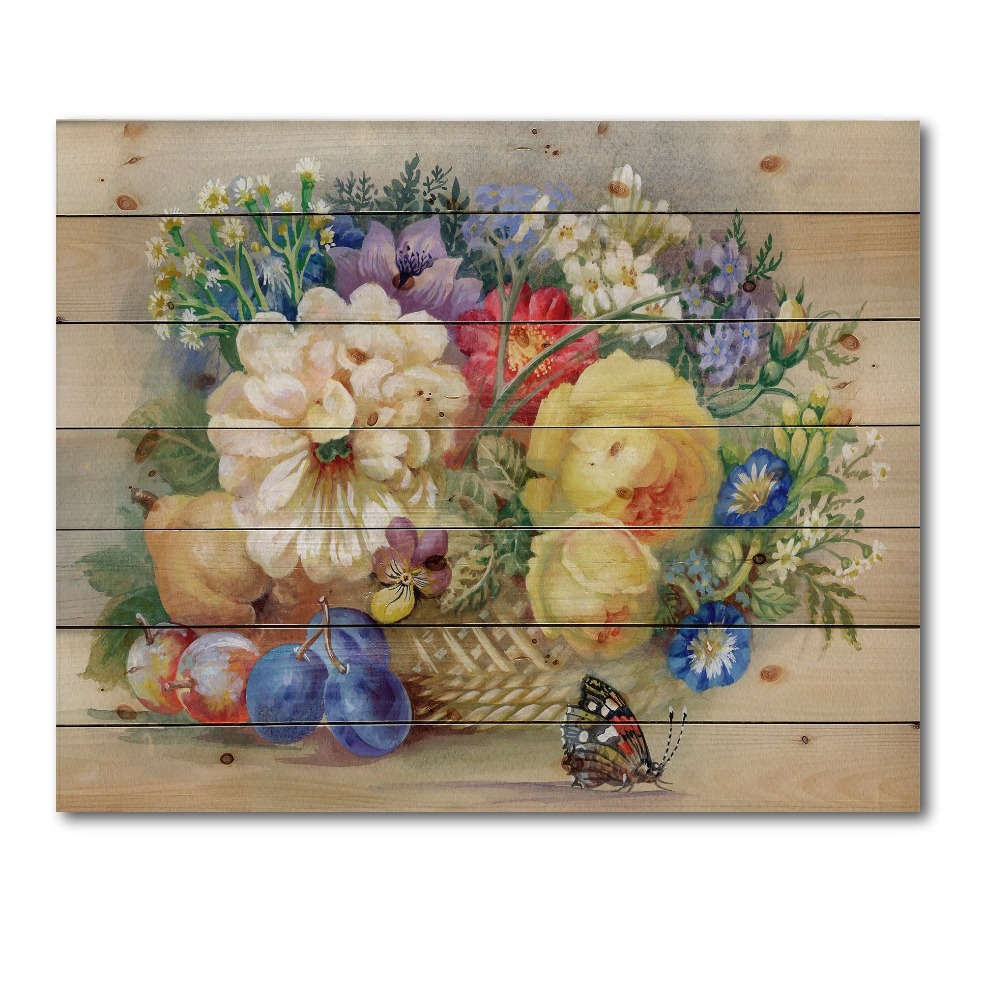 Designart 'Vintage Still Life Of White and Yellow Flowers' Traditional Print on Natural Pine Wood
