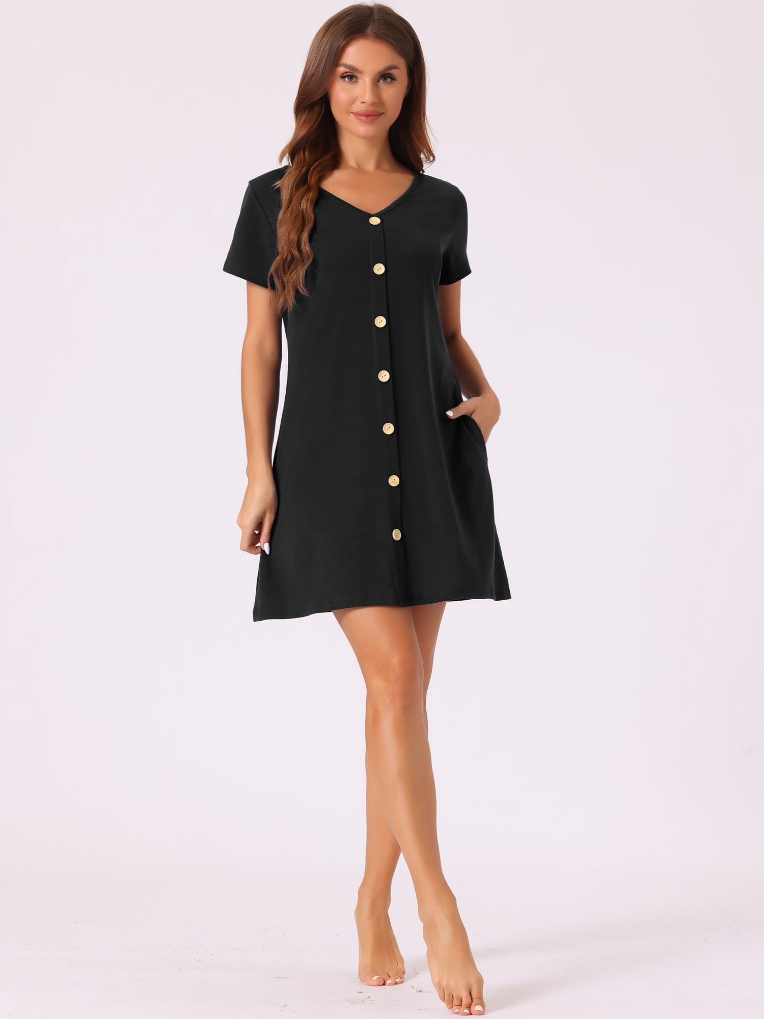 DARING DIVA Women's Button Short Sleeve Soft Short Nightgown S Black