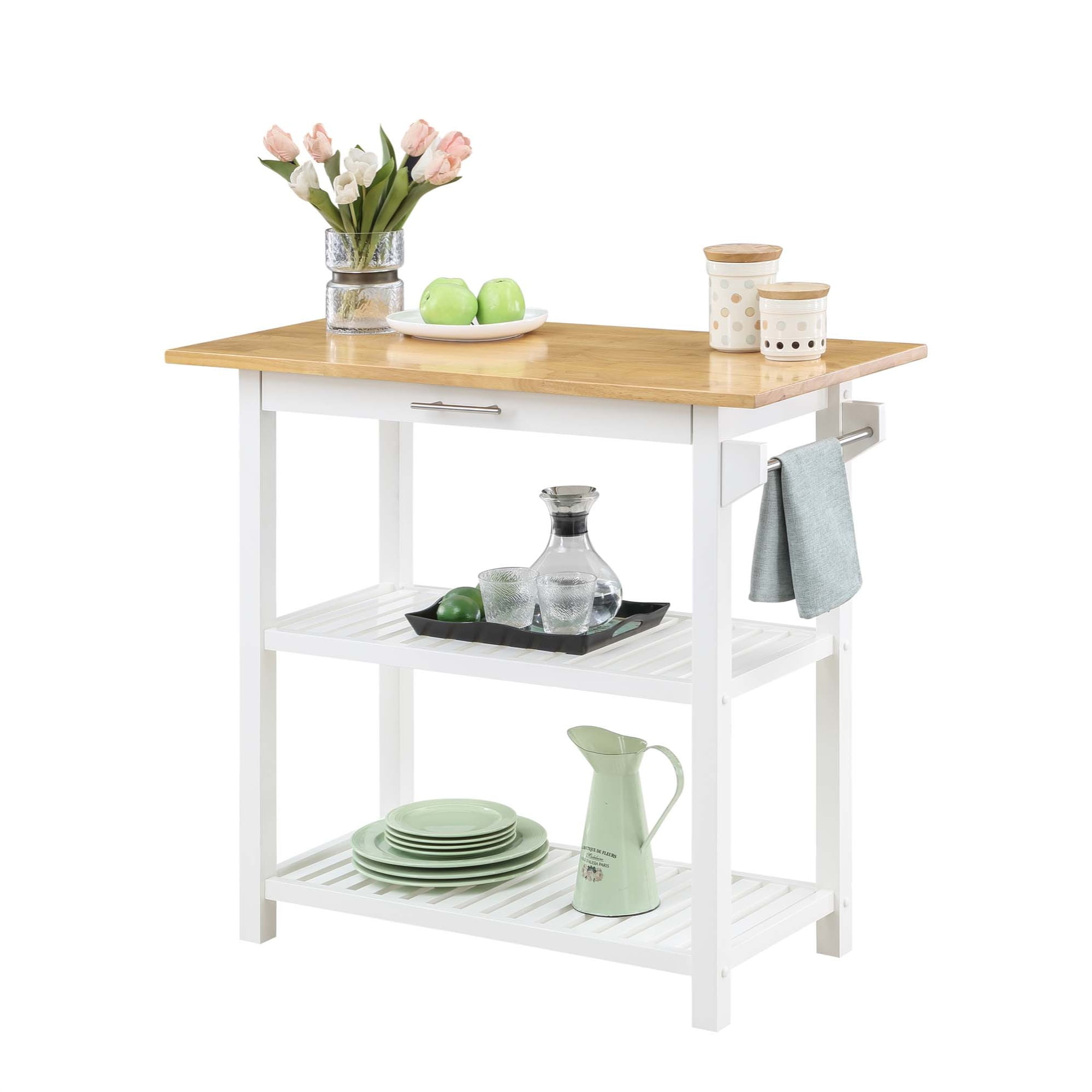 Convenience Concepts Designs2Go 3 Tier Butcher Block Kitchen Prep Island with Drawer, White/Butcher Block