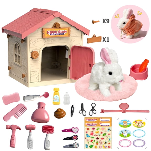 LINXUXIE Pet Toy for Kid,Rabbit House Playset,Interactive Bunny Toys with Accessories, Pretend Play Pet Care Playset for Kids of Ages 3 4 5 6