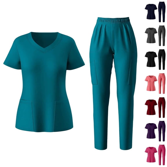 CHUMUD Scrubs for Women Set - Stretch V-Neck Scrub Top & Pants with Multi Pockets Nurse Workwear