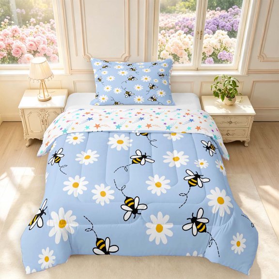 Erosebridal Kawaii Bee Twin Comforter Sets,Vintage Daisy Floral Bedding Set,Blue White,Colorful Stars Reversible,2pcs,1 Comforter and 1 Pillowcase