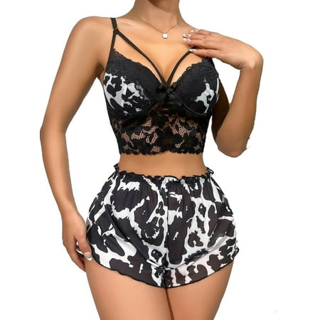 

Sexy Cow Print Spaghetti Strap Shorts PJ Sets Sleeveless Black and White Women Pajama Sets (Women s)