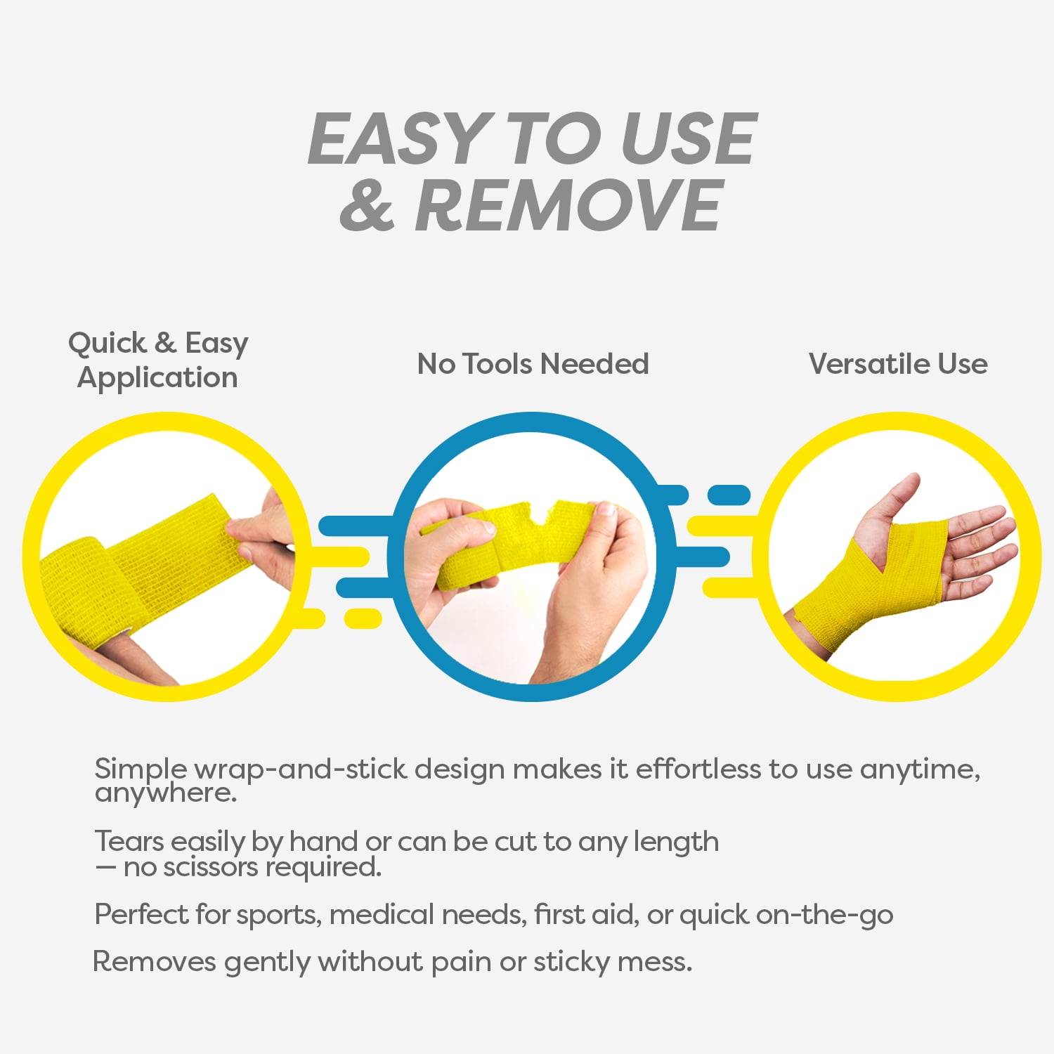 Dynarex Sensi-Wrap Self-Adhesive Bandages, 30-Pack, 1" x 5 yards, Yellow, Latex-Free, Colored Elastic Cohesive Athletic Tape, Tattoo Grip & Vet Wrap