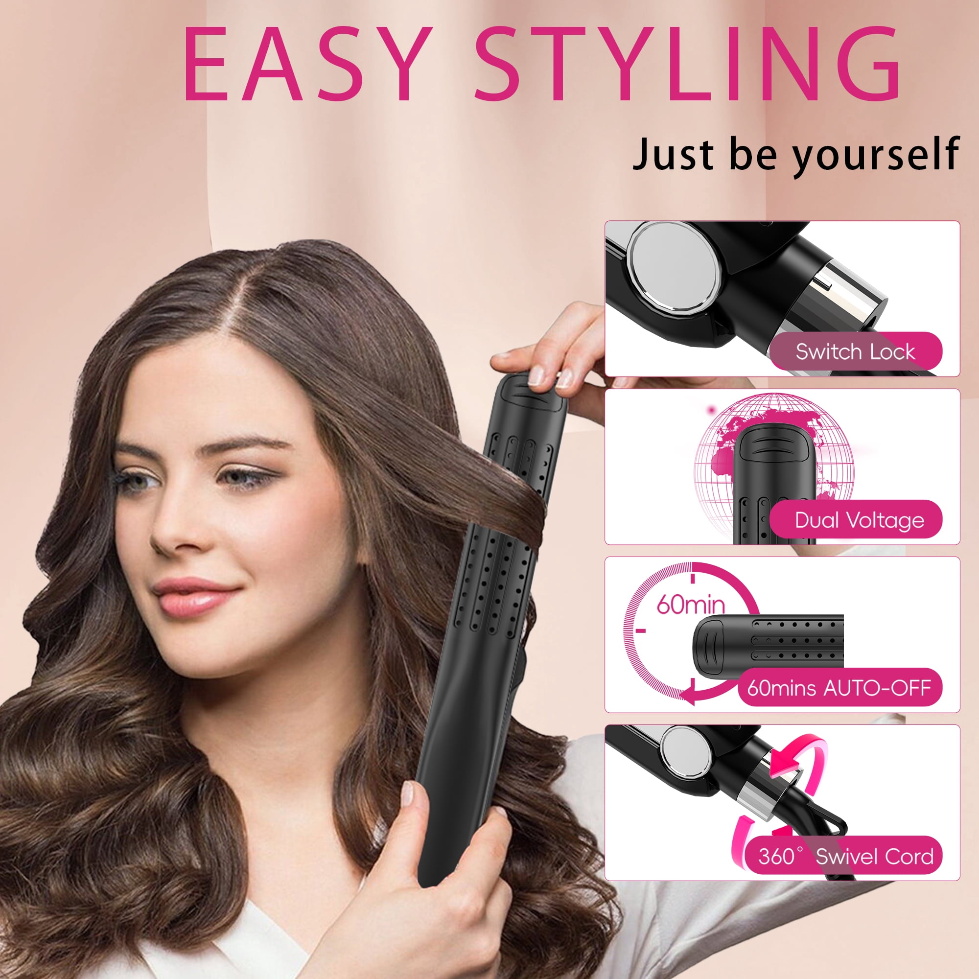 Nicebay Airflow Styling, Hair Straightener, 1 inch Curling Wand Cool Air Vent, 5 Temp, Universal Voltage