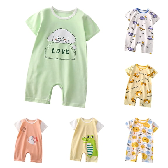Einccm Baby Boys Girls Unisex Short Sleeve Romper - Cute Cartoon Puppy Print Summer Bodysuit - Soft Breathable Round Neck One-Piece Jumpsuit with Snap Crotch for Infants and Toddlers 0-24 Months