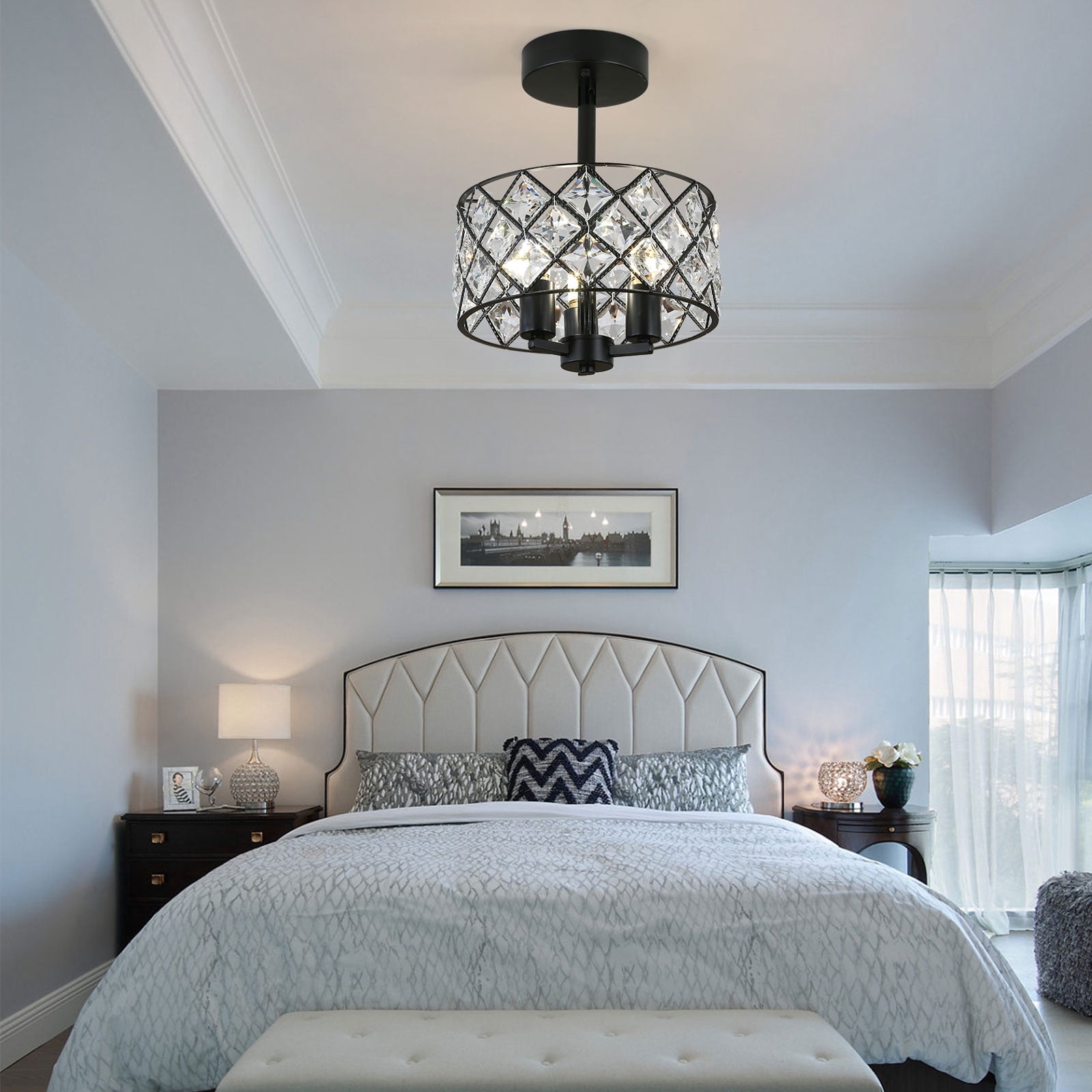 Loyalheartdy 11.81" Crystal Chandelier Black Metal 40W 3xE26 Pendant ...