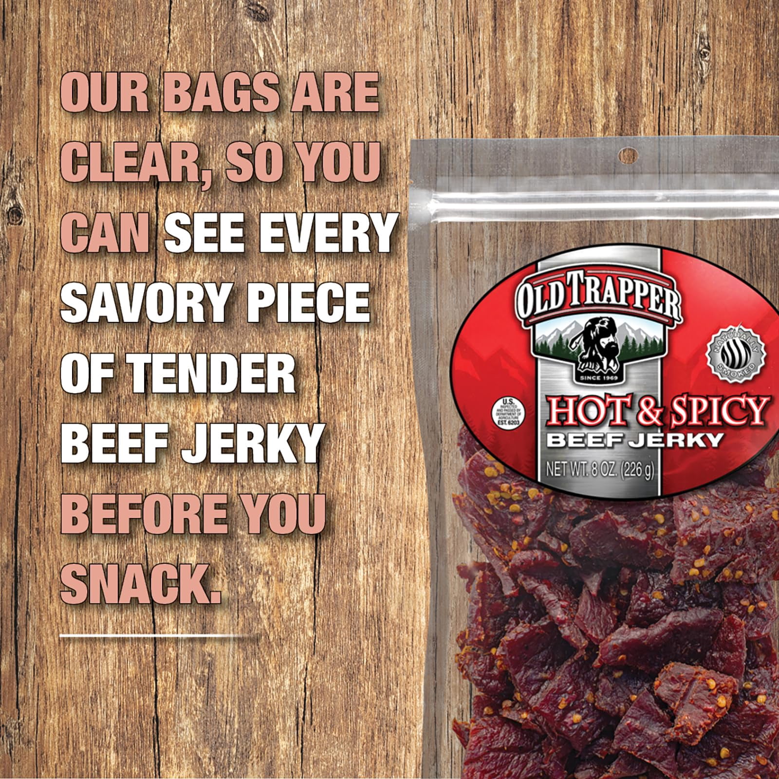 Old Trapper Beef Jerky,  Hot & Spicy 8 Ounce Individual Pack, Tender and Spicy Meat Snacks for Lunches or Between Meals, 11 Grams of Protein and 70 Calories per Serving (Pack of One)