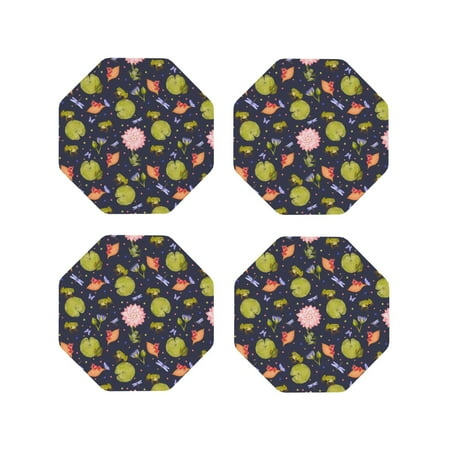 

Honeii Frog And Flowers Print Leather Coaster Set of 4 Ideal for Safeguarding Your Furniture from Drinks Spills and Effortless Cleanup-Octagon