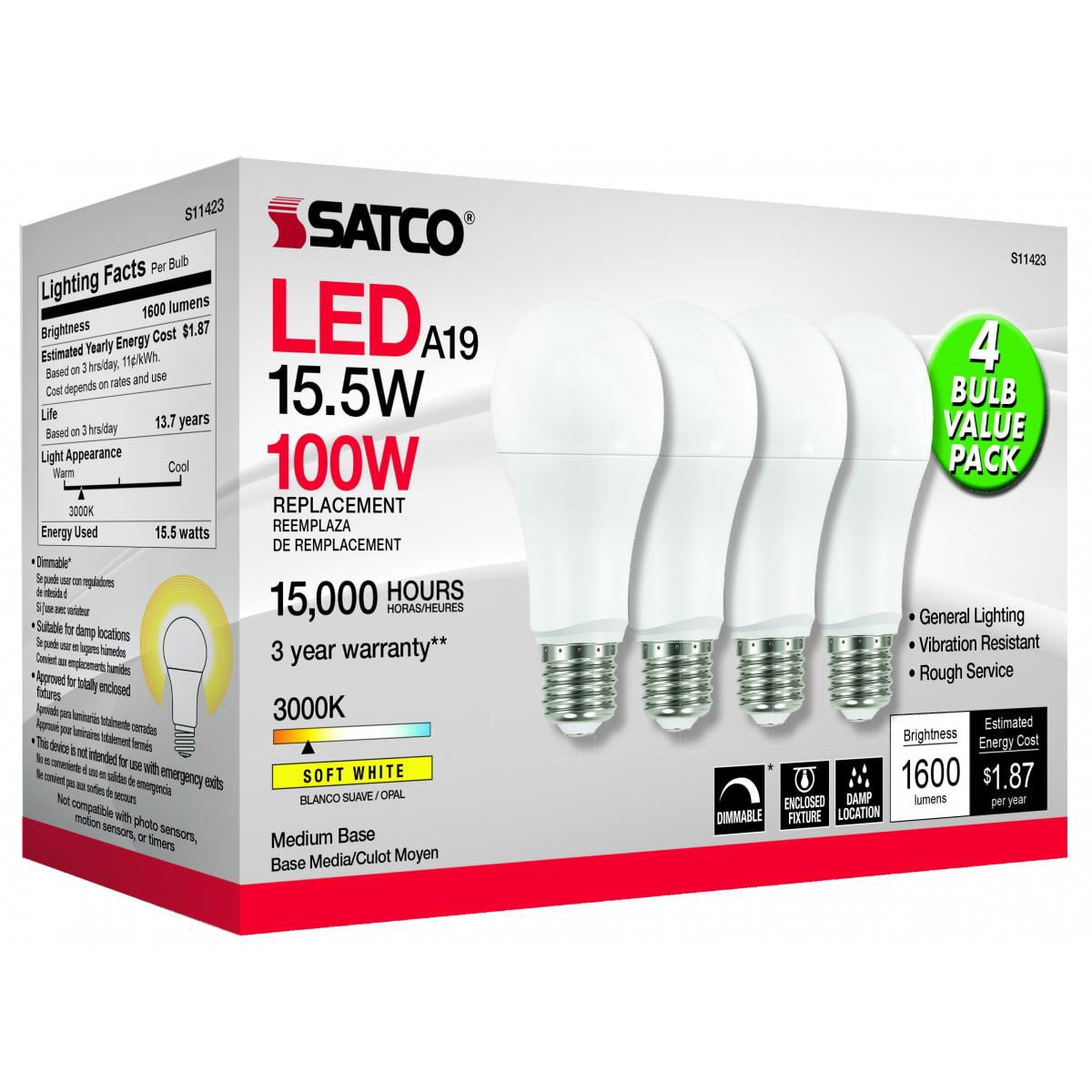 Satco Lighting S11423 15.5 Watt Dimmable A19 Medium (E26) Led Bulbs (Pack of 4)