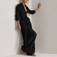 thumbnail image 5 of TEAJOPSUU Women's 2 Pcs Outfits Long Sleeve Button Front Collared Belted Shirts Loose Wide Leg Pants with Pockets Flowy Solid Mathcing Sets Women Clothing Black, 5 of 8