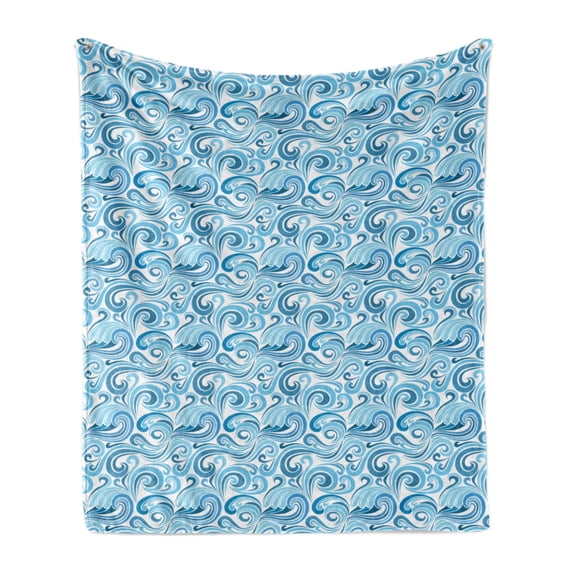 Nautical Soft Flannel Fleece Blanket, Abstract Pattern of Sea Waves Blue Toned Curved Stripes Composition, Cozy Plush for Indoor and Outdoor Use, 70" x 90", Blue Baby Blue and White, by Ambesonne