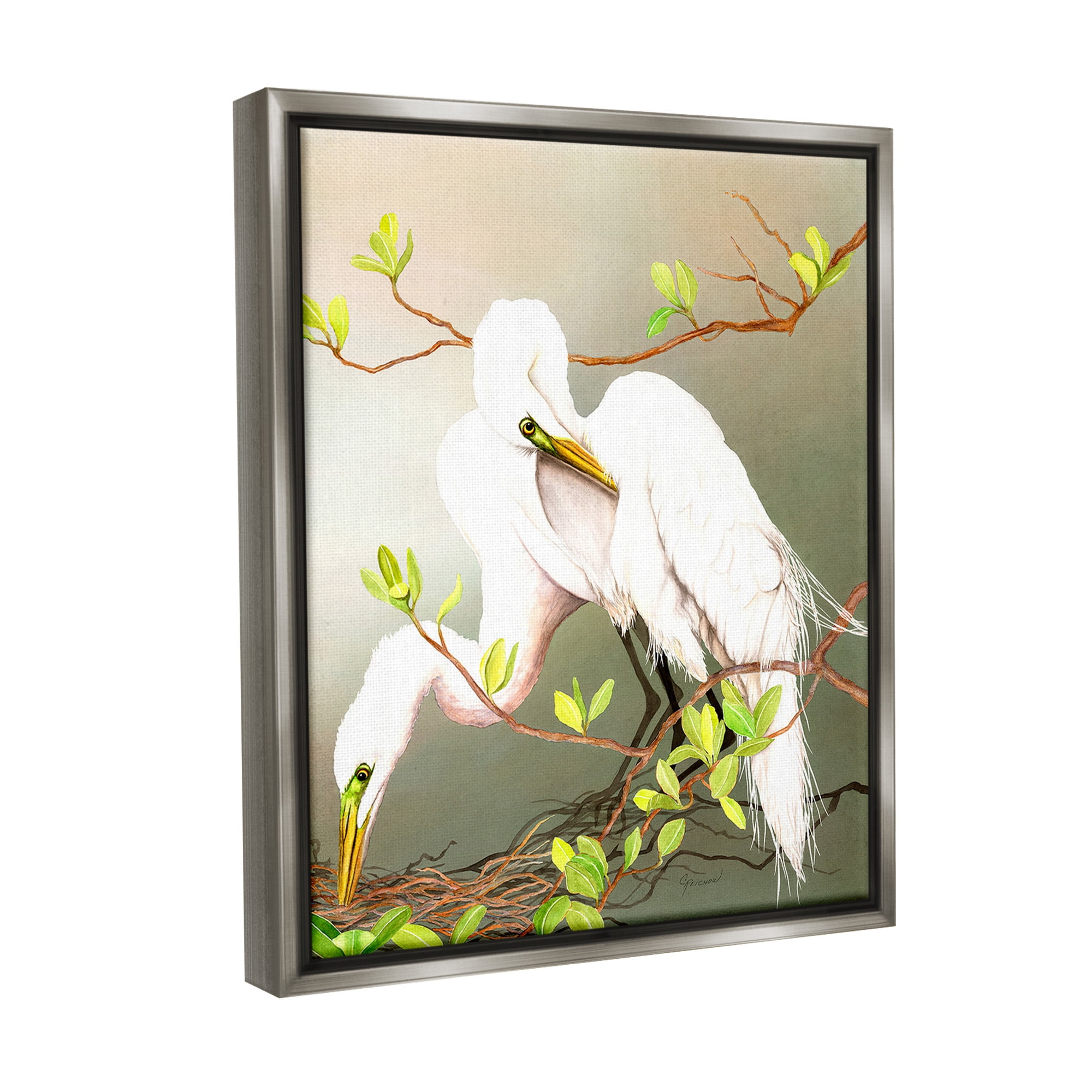 Stupell Industries Gazing Egrets on Branch Animals & Insects Painting Gray Floater Framed Canvas Art Print Wall Art, 17 x 21