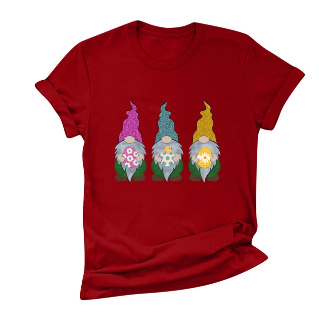 Pompotops T-shirt Imprimé Nain Col Rond de Pâques pour Femmes Manches Courtes Blouse Décontractée Ample