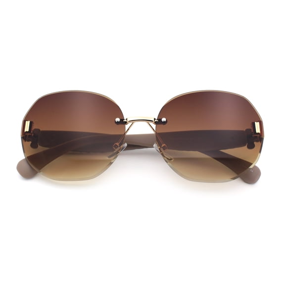Womens Rimless Bevel Lens Flower Jewel Hinge Round Fashion Sunglasses Gold Beige - Brown