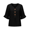 thumbnail image 4 of Oversized Tshirts for Women Casual Cotton Linen Blouse V Neck 3/4 Sleeve Button Decor Loose Fit Black Summer Tops for Women, 4 of 9
