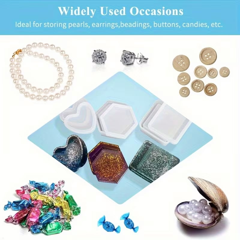 3 piece epoxy resin mold set, silicone jewelry box mold, heart shape & square, bendable storage container DIY hand making tools