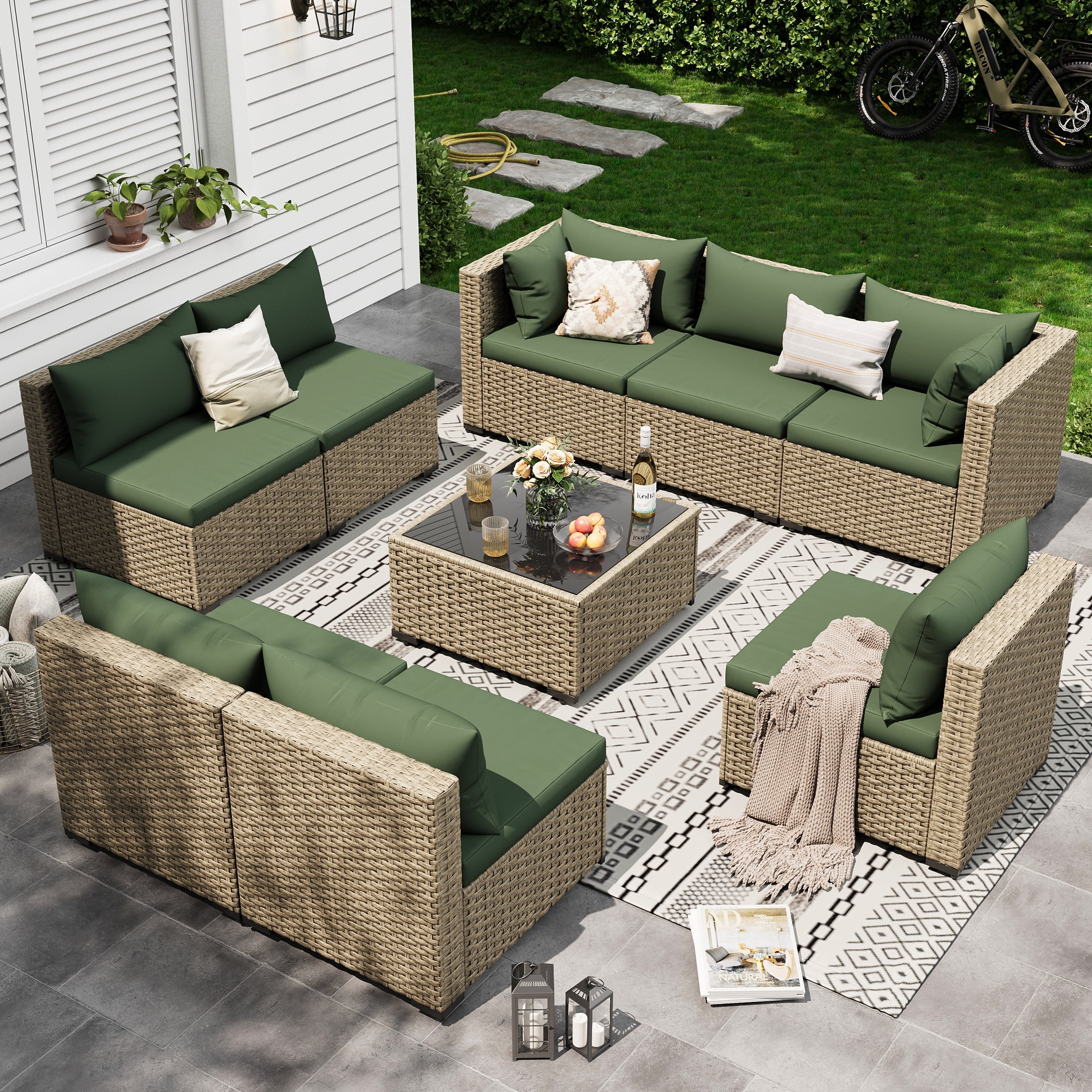 POTEBAN 9 Pieces Outdoor Patio Furniture Set, Grey Rattan Wicker Conversation Sectional Sofa Set with Cushions for Backyard. Green