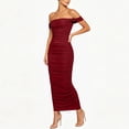 thumbnail image 6 of Women's off Shoulder Ribbed Midi Dress, Solid Sleeveless Ruched Split Bodycon Summer Club Dress Wine L(L), 6 of 7