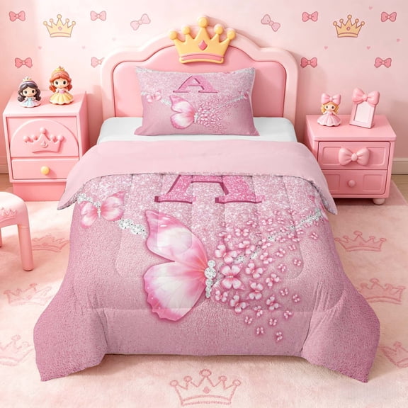 meiyoeat Pink Glitter Butterfly Monogrammed A Twin Comforter Sets for Girls, Sparkle Floral Initial Letter Bedding Set, Pink Reversible 2-Piece, 1 Comforter and 1 Pillowcase