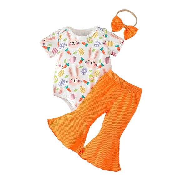 GYRATEDREAM Newborn Baby Girls Easter Outfits Bunny Print Short Sleeve Romper Top Bell-Bottom Denim Pants Headband 3Pcs for 0-3M