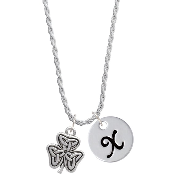 Delight Jewelry Silvertone Shamrock with Celtic Knot Silvertone Script Initial Disc - X - Charm Necklace, 20"+3"