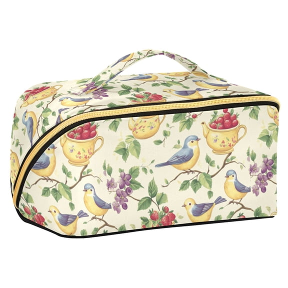 FORMRS Makeup Bag Travel Cosmetic Organizer for Women Fold Flat Zipper Pouch with Handle, Birds with Strawberries