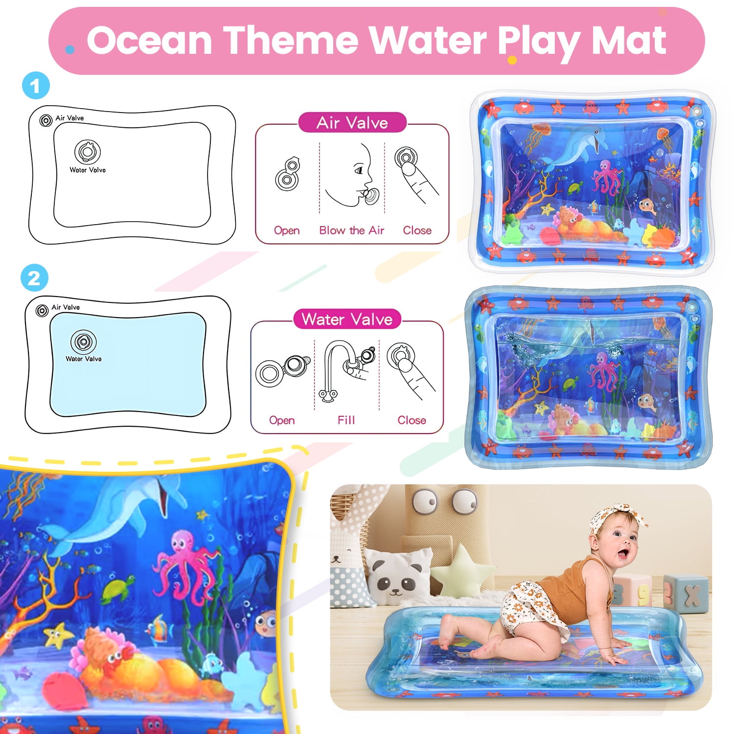 WonderStone 2-in-1 Baby Gym Playmat, Tummy Time Water Mat with 2 Cloth Books and 5 Infant Sensory Baby Toys & Play Piano, Newborn Baby Gift for Boys & Girls 0–24 Months (Pink)