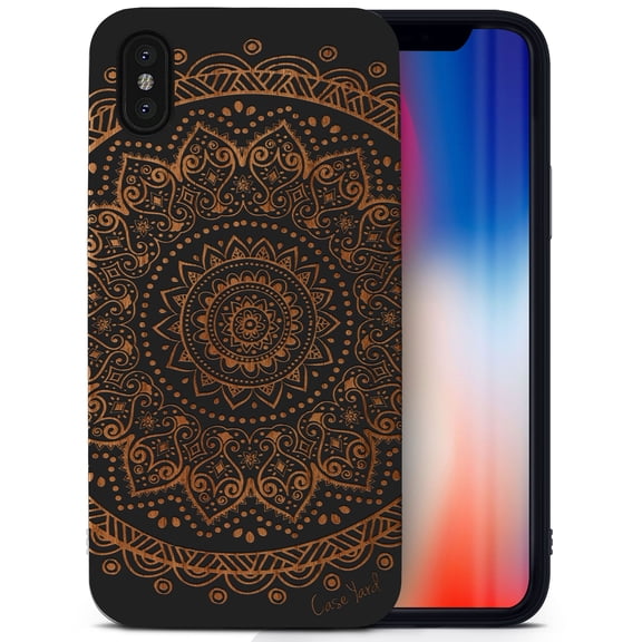 Case Yard Wooden Case for iPhone-X Soft TPU Silicone cover Slim Fit Shockproof Wood Protective Phone Cover for Girls Boys Men and Women Supports Wireless Charging Mandala 2 Design