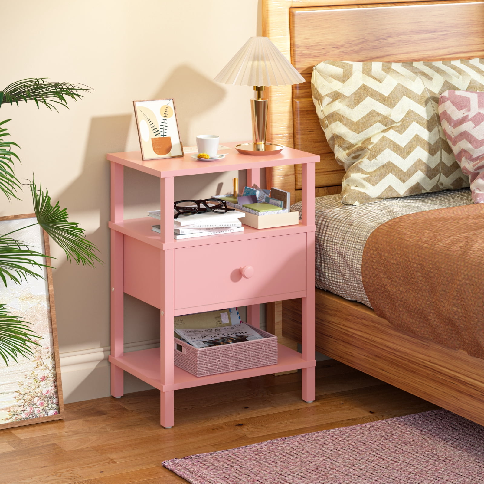 LEYAOYAO 3-Tier Narrow End Table with Charging Station, Wood Side Table for Living Room, Pink