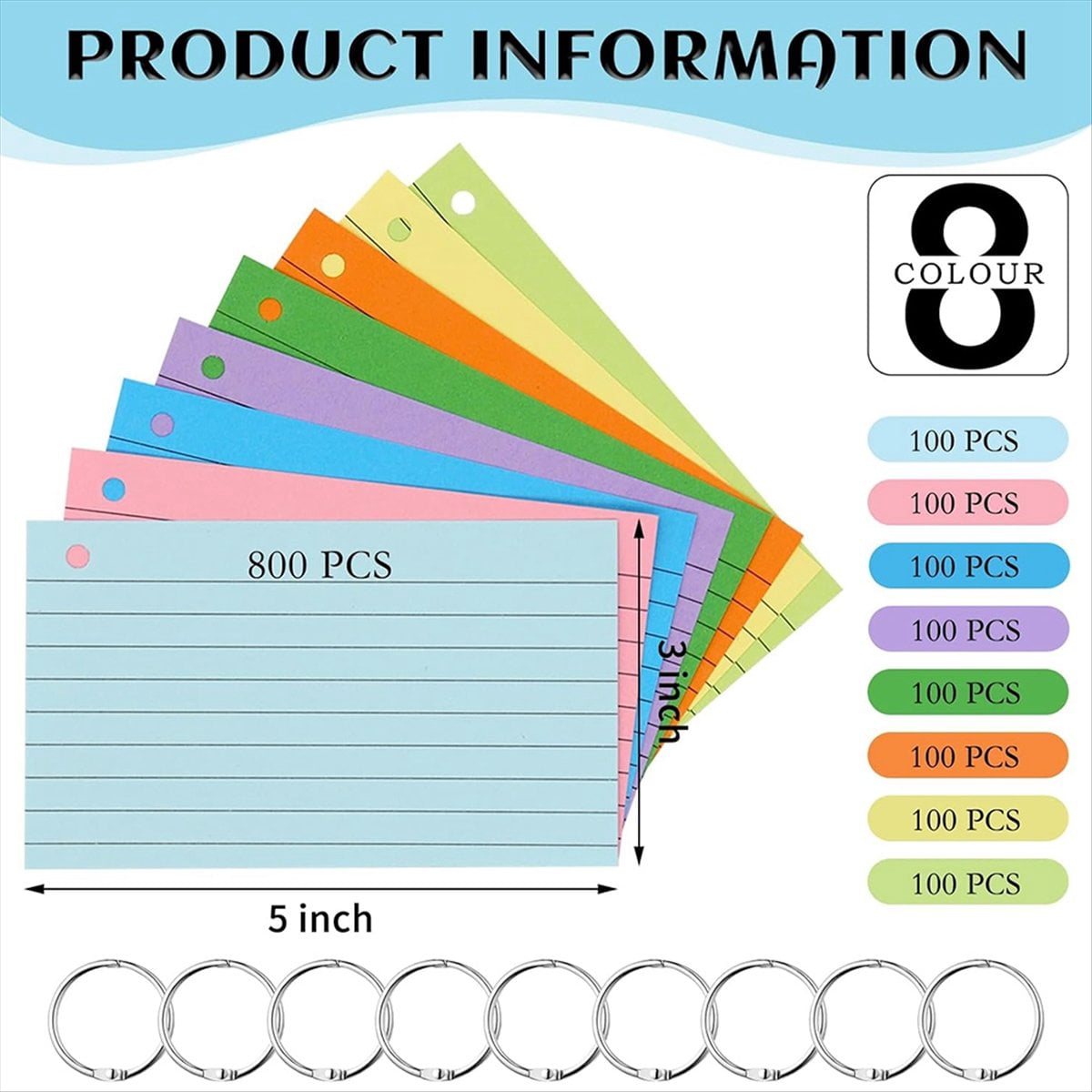 1000 PCS Index Cards 3x5 Inches Colored Flash Cards with Ring, Punched Lined Flashcard Ruled Index Cards Notecards