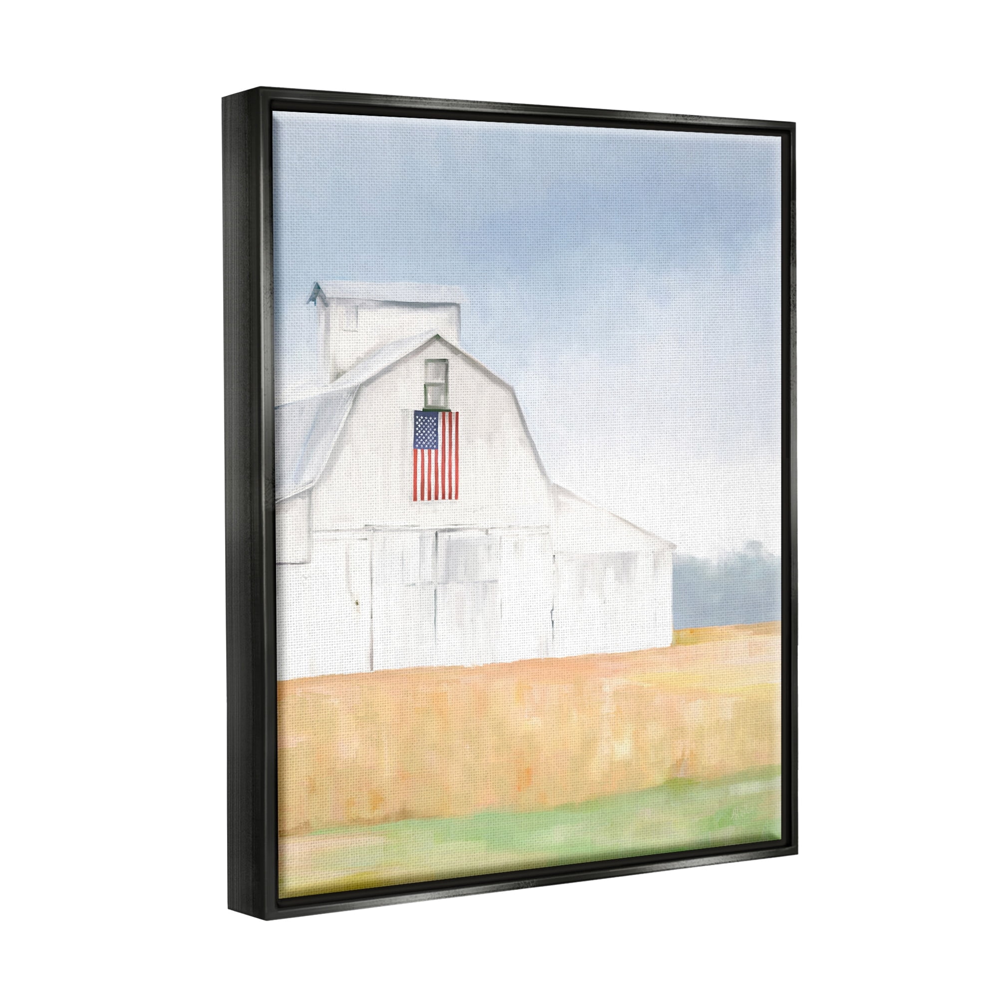 Stupell Industries American Flag White Country Barn Rural Scenery Painting Jet Black Floating Framed Canvas Print Wall Art, Design by Amy Hall