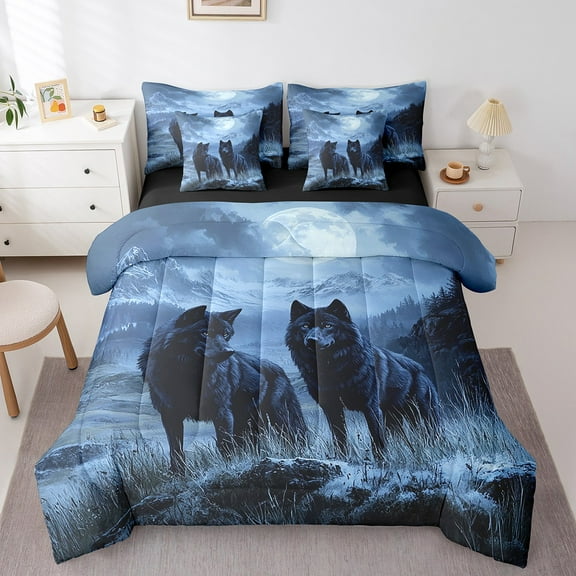 Erosebridal Wildlife Wolf Bedding Sets Twin Size,Woodland Animal Comforter Sets with Sheets,Moon Sky Bed in a Bag Twin size,Ultra Soft Jungle Room Decor,Reversible,7-Piece