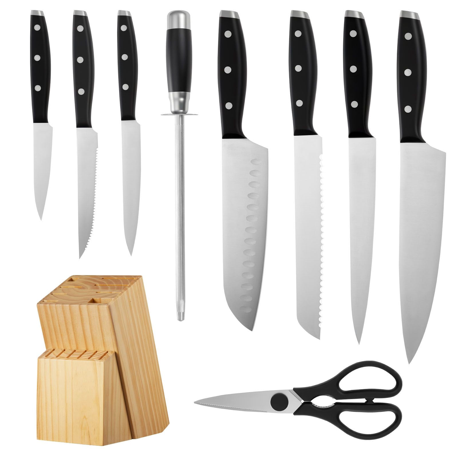 15-Piece Kitchen Knife Set with Wooden Block, 3CR13 High-Carbon Steel, Laser-Sharpened, Ergonomic Handles, Dishwasher Safe for Home Cooking