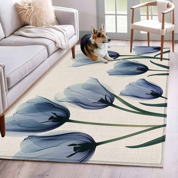 2.7'x5' Area Rugs, Spring Floral Indoor Outdoor Area Rug for Living Room Bedroom, Blue Tulip Summer Botanical Rustic Washable Bathroom Rugs Kitchen Floor Carpet Mats Home Decor Aesthetic