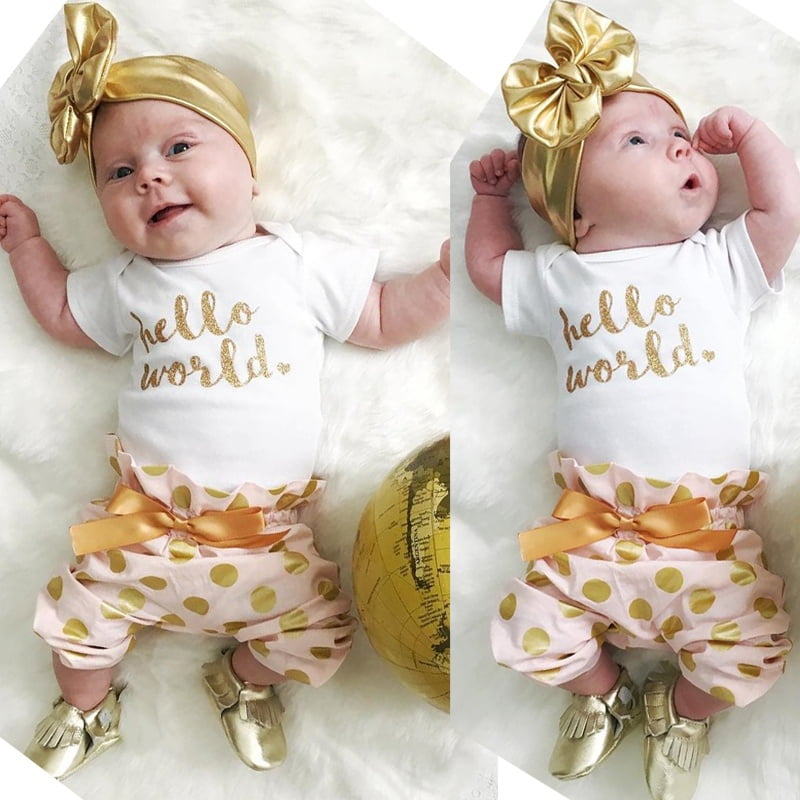 Cute Newborn Baby Girls Hello World Bodysuit Romper+Leg Warmers Headband Outfit 