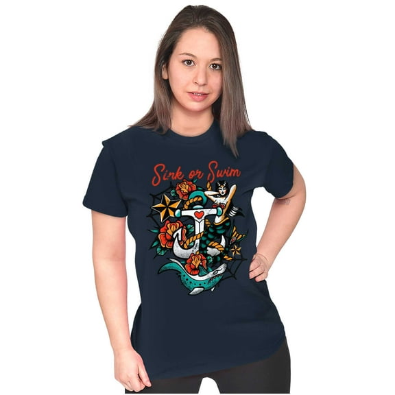 Sink or Swim Anchor Mermaid Tattoo Womens Fitted Plus Size Graphic Tee Brisco Brands 2X