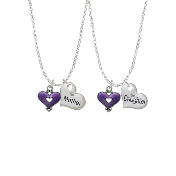 Delight Jewelry Silvertone Hot Purple Enamel Heart with Cutout Mother & Daughter Heart Necklaces (Set of 2), 19"+2"